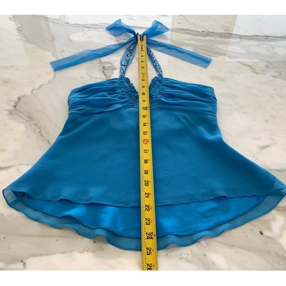BCBG BLUE SILK EMBELLISHED HALTER TOP SIZE SMALL - Picture 13 of 14